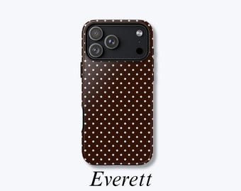 Dark Brown Polka Dots iPhone Case, Vintage Spotty Phone Cover, MagSafe Compatible Case, Hard Shell Protection - Everett Case