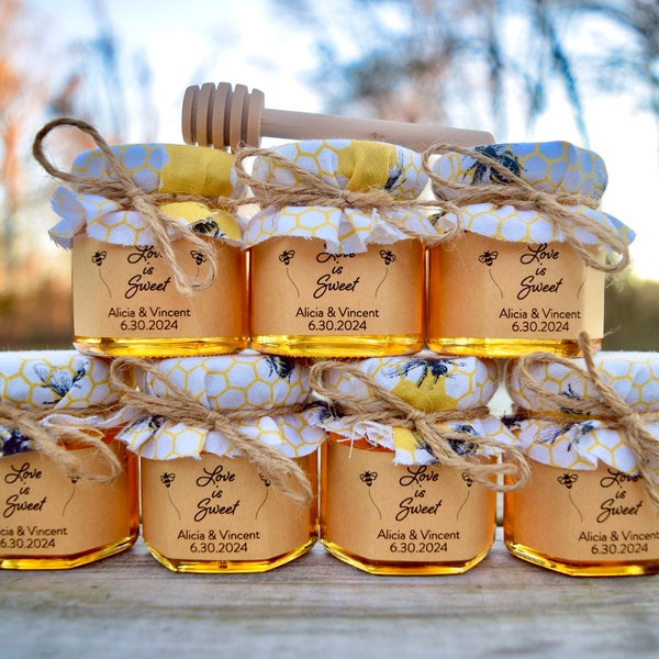 Honey Jar Wedding Favors - Wedding Favors for Guests - Bridal Shower Favors - Baby Shower Favor - Birthday Party Favor - Fabric Jar Topper