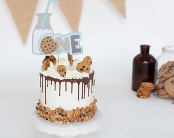Milk and cookies cake topper, cookie cake topper “one” - BLUE