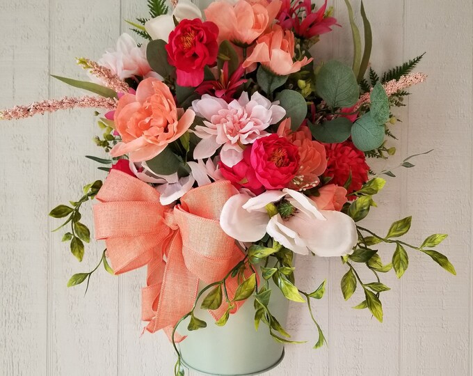 Hanging Basket Door Decor, Metal Wall Planter, Floral Bucket Hanger