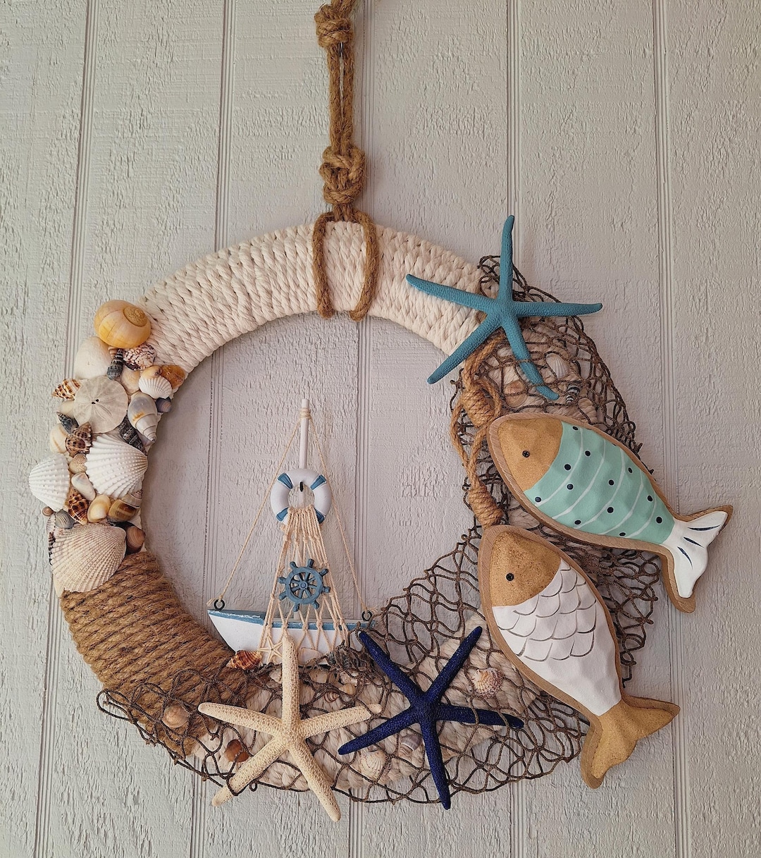 Beach Wreath With Seashells Starfish and Sailboat, Coastal Nautical ...