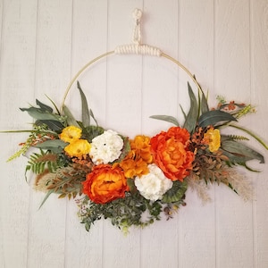 Fall Gold Hoop Wreath, Autumn Farmhouse Wreath, Autumn Front Door Decor, Christmas Holiday Gift, Bright Orange Peony Hydrangea