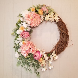 Pink Peonies Hydrangeas Roses, Spring Wreath Front Door, Mother&#39;s Day Gift, Peony Wreath, Farmhouse Wreath, Romantic and Elegant, Victorian