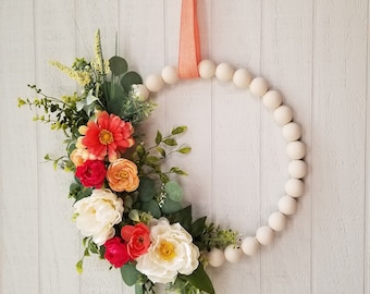 Wood Bead Floral Wreath, Modern Farmhouse Wreath,  Boho wreath, Summer Wreath, Rustic Elegant, Cottage Style, Mother's Day gift