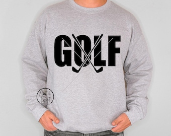 May include: Gray sweatshirt with the word "GOLF" in black letters and a graphic of two crossed golf clubs.