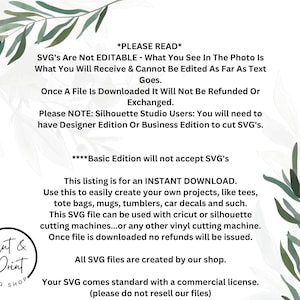 Puede incluir: Gr&aacute;fico de descarga digital con texto, con un logotipo circular que dice "Cut & Print SVG Shop". El texto proporciona detalles sobre el archivo SVG, incluido el uso, la descarga instant&aacute;nea y la informaci&oacute;n de la licencia comercial. Ilustraciones de hojas verdes enmarcan el texto.