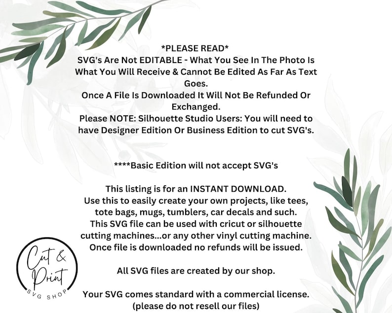 Puede incluir: Gr&aacute;fico de descarga digital con texto, con un logotipo circular que dice "Cut & Print SVG Shop". El texto proporciona detalles sobre el archivo SVG, incluido el uso, la descarga instant&aacute;nea y la informaci&oacute;n de la licencia comercial. Ilustraciones de hojas verdes enmarcan el texto.