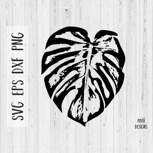 May include: Black and white silhouette of a monstera leaf with a textured, hand-drawn style.