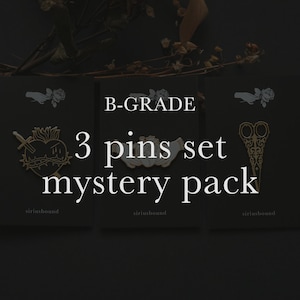 May include: Three black cards with white text and images of pins. The text reads "B-GRADE 3 pins set mystery pack" and "#siriusbound".