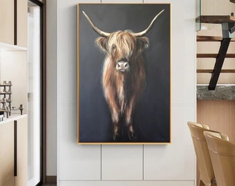 Hochlandkuh Rinderleinwand Kunst Nordische Malerei Druck Skandinavische Wandkunst für Wohnzimmer Wohnkultur