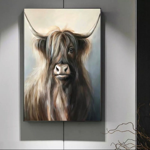 Impression d'art mural vache Highland noire sur toile pour décoration d'intérieur