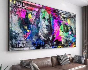 100 Dollar Bill Wall Art Painting Print On Canvas Benjamin Franklin Poster