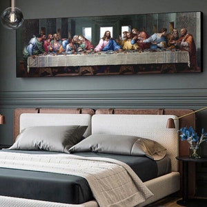 May include: A painting depicting The Last Supper, a famous biblical scene. The painting features Jesus Christ and his disciples gathered around a table, with a dark background and a warm color palette.