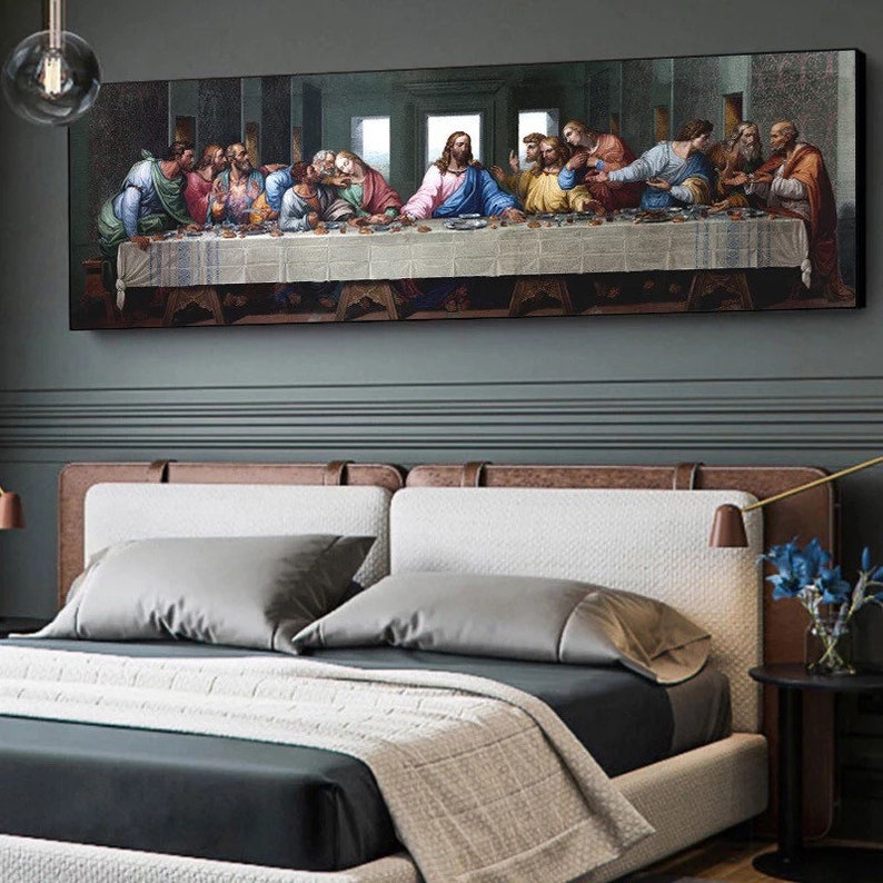 May include: A painting depicting The Last Supper, a famous biblical scene. The painting features Jesus Christ and his disciples gathered around a table, with a dark background and a warm color palette.
