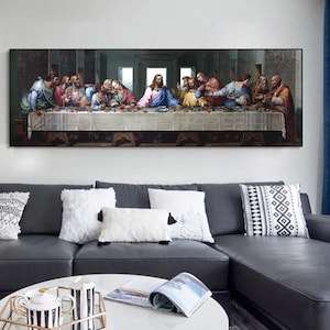 May include: A painting depicting The Last Supper, a famous biblical scene. Jesus Christ is seated at the center of a long table with his disciples. The painting is done in a realistic style with rich colors and detailed figures.
