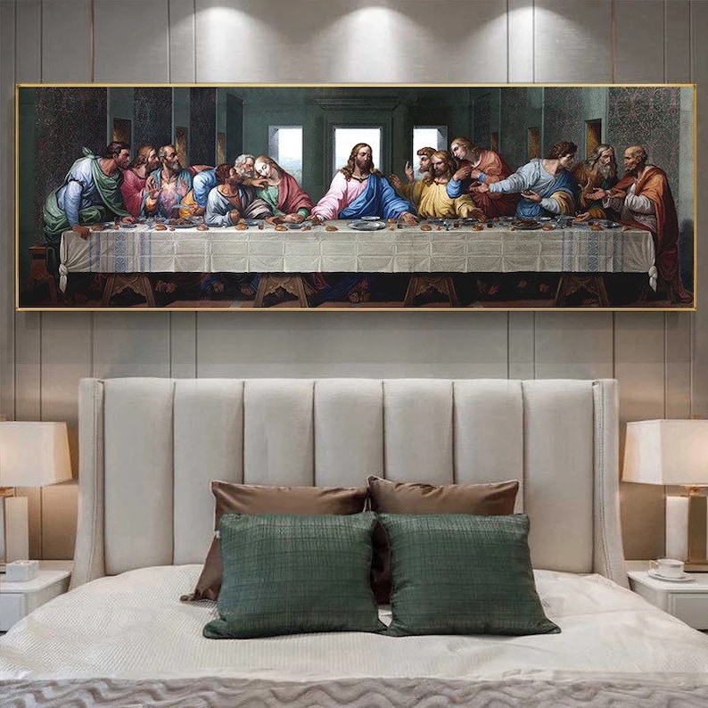 May include: A painting depicting The Last Supper, a famous biblical scene. The painting features Jesus Christ and his twelve disciples gathered around a table, with a dark green background and a warm, inviting atmosphere.