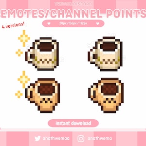 Könnte beinhalten: Vier Versionen eines Pixel-Art-Kaffeebecher-Emojis mit funkelnden Sternen. Der Kaffeebecher ist braun mit einem beigefarbenen Rand und Griff. Der Text "28px / 56px / 112px" befindet sich über den Emojis.
