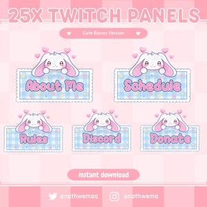 25x Cute Bunny Plush Twitch Panels | pastel pink uwu aesthetic plushie kawaii puppy kitty star animal | Streamer Graphics Overlay set pack