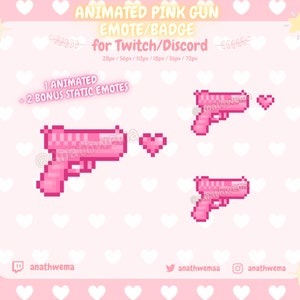 Puede incluir: Emote de pistola rosa animada para Twitch y Discord. El emote es una pistola rosa pixelada con un corazón que sale del cañón. El emote está disponible en 6 tamaños diferentes.