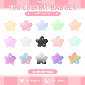 May include: Fifteen different star-shaped Twitch sub and bit badges in various colors, including pink, blue, green, yellow, and black. The badges are 18 pixels, 38 pixels, and 72 pixels in size. The text "TWITCH 15X SUB/BIT BADGES" is at the top of the image. The text "instant download" is at the bottom of the image.