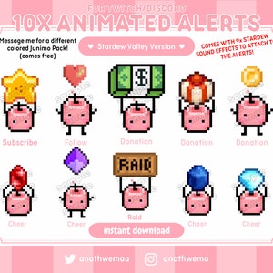 10x GEANIMEERD Stardew Valley Junimo Twitch-waarschuwingen + geluidseffectenpakket | Pixel 8-bits schattige Discord-emotes Stardrop Cheer Raid | Gamerstreamer