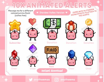 10x ANIMATED Stardew Valley Junimo Twitch Alerts + Sound effects pack | Pixel 8 Bit Cute Discord Emotes Stardrop Cheer Raid | Gamer Streamer