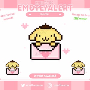 Alerta animado de pelúcia de cachorro Pom fofo | Emote de discórdia | Coelhinho pudim rosa de 8 bits olá kawaii gatinho coração estético Pixel Art | Flâmula