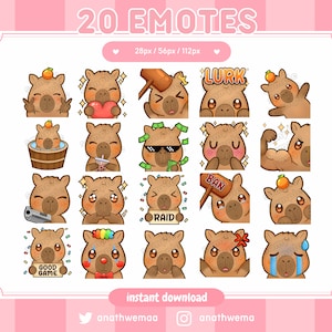 Lot d'émoticônes Twitch/Discord Capybara (20x) | énorme mega pack kawaii mignon siroter un pistolet mandarine pleurer amour coeur meme uwu | ensemble de banderoles personnalisées