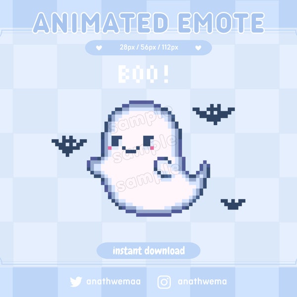 ANIMATED Ghost Emote | Pixel Art Cute Ghost Halloween Bat | Twitch Discord Emote | 8 Bit Boo Pastel | Kawaii Streamer Overlay