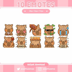 Capybara Twitch Emotes Bundle (10x) | Discord Emotes cute kawaii mega pack uwu mandarin boba sip crying gg lurk meme | custom streamer set