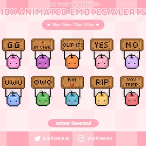 May include: Ten animated emojis for Twitch or Discord. The emojis are pixel art and feature a cartoon apple holding a sign with different text. The signs include "GG", "F in chat", "Clip it!", "Yes", "No", "UwU", "OwO", "Big W", "RIP", and "You tried".