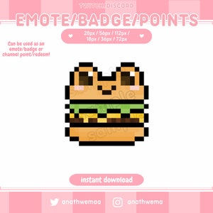 Könnte beinhalten: Ein pixelartiges Cartoon-Bild eines Hamburgers mit einem niedlichen Froschgesicht. Das Bild ist in verschiedenen Größen verfügbar und kann als Emoji, Abzeichen oder Kanalpunkt-Einlösung verwendet werden. Der Text "TWITCH/DISCORD EMOTE/BADGE/POINTS" befindet sich oben im Bild. Der Text "Can be used as an emote/badge or channel point/redeem!" befindet sich auf der linken Seite des Bildes. Der Text "28px/56px/112px/ 18px/36px/72px" befindet sich auf der rechten Seite des Bildes. Der Text "instant download" befindet sich unten im Bild. Der Text "anathwemaa" befindet sich unten links im Bild. Der Text "anathwema" befindet sich unten rechts im Bild.