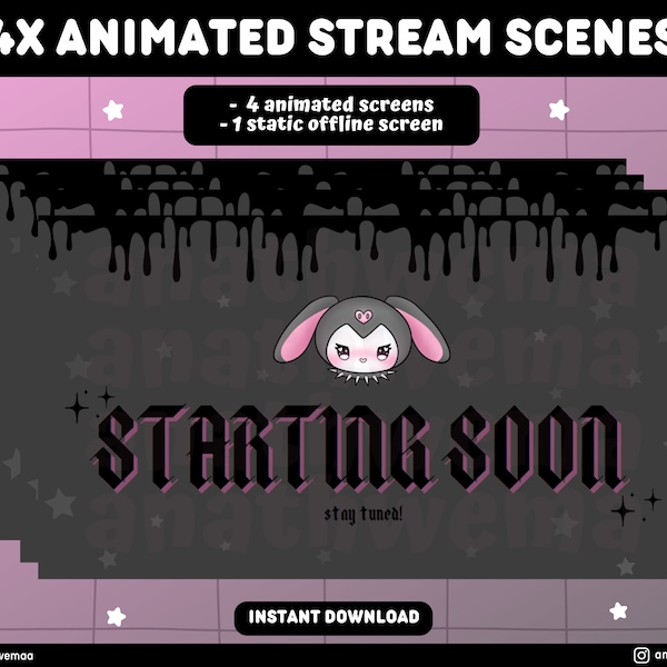 4x ANIMATED + 1 Static Cute Goth Bunny Plush Twitch Screens Set | Kawaii Aesthetic kitty Starting Soon Stream Brb Offline Ending OBS Stream