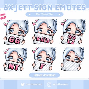 6x Valorant Jett Sign Emotes Pack | Twitch Discord | Raid F GG NT EZ | Cute Anime Chibi Emote Set | Gaming Stream Graphics Instant download