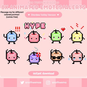 8x GEANIMEERDE Stardew Valley Junimo Twitch-emoties/meldingen | Pixel 8-bits schattige Discord-emotes Stardrop hype cottage Cheer Raid | Gamerstreamer