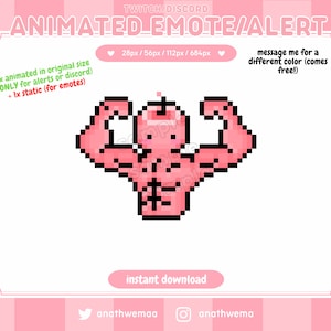 May include: Animated pixel art emote of a pink, muscular figure with a red heart on its head. The emote is available in four sizes: 28px, 56px, 112px, and 684px. The text "message me for a different colour (comes free!)" is also included in the image.