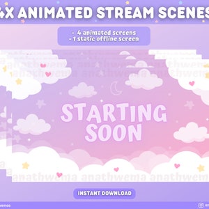 May include: A set of four animated stream scenes featuring a pink and purple gradient background with clouds, stars, and hearts. The text "STARTING SOON" is displayed in a pink font. The scenes are designed for use on streaming platforms.