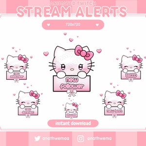 6x Animated Cute Kitty Plush Twitch Alerts | Discord Emotes | hello gif kawaii pink girly japan digital assets | Custom Streamer Set Pack