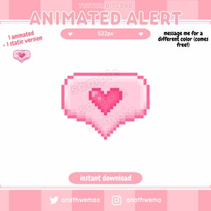 1x ANIMATED + 1x static pink heart Twitch Alert | Pixel 8 Bit Pastel | Discord Emote | Gamer Girl aesthetic overlay | streamer cute kawaii