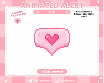May include: Pink animated alert with a pixelated heart in a speech bubble. The alert is 522 pixels wide. The text "message me for a different color (comes free!)" is displayed on the alert.