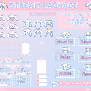 Twitch Cute Bunny Plush Stream-pakket | Overlay, waarschuwingen, panelen, badges, Kawaii kaneel esthetische pastel puppy hond uwu stream bundelset