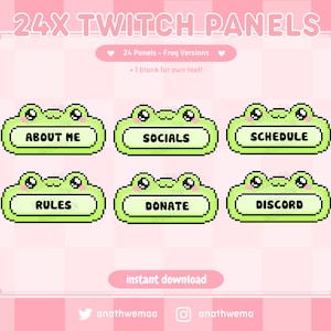 24x Cute Frog Twitch Panels Set | Kawaii pixel froggy plush pastel 8bit green aesthetic sparkles | Affordable streamer graphics overlay pack