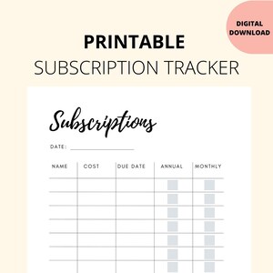 Subscription Tracker - Gray, Digital Download, Printable PDF, Budget Tracker, 8.5 x 11inches