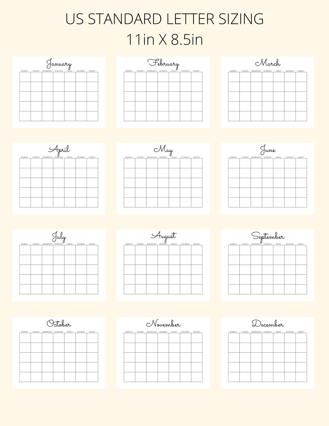 Blank Yearly Calendar Printable, PDF Printable, Digital Download ...