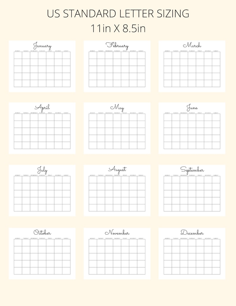 Blank Yearly Calendar Printable, PDF Printable, Digital Download ...