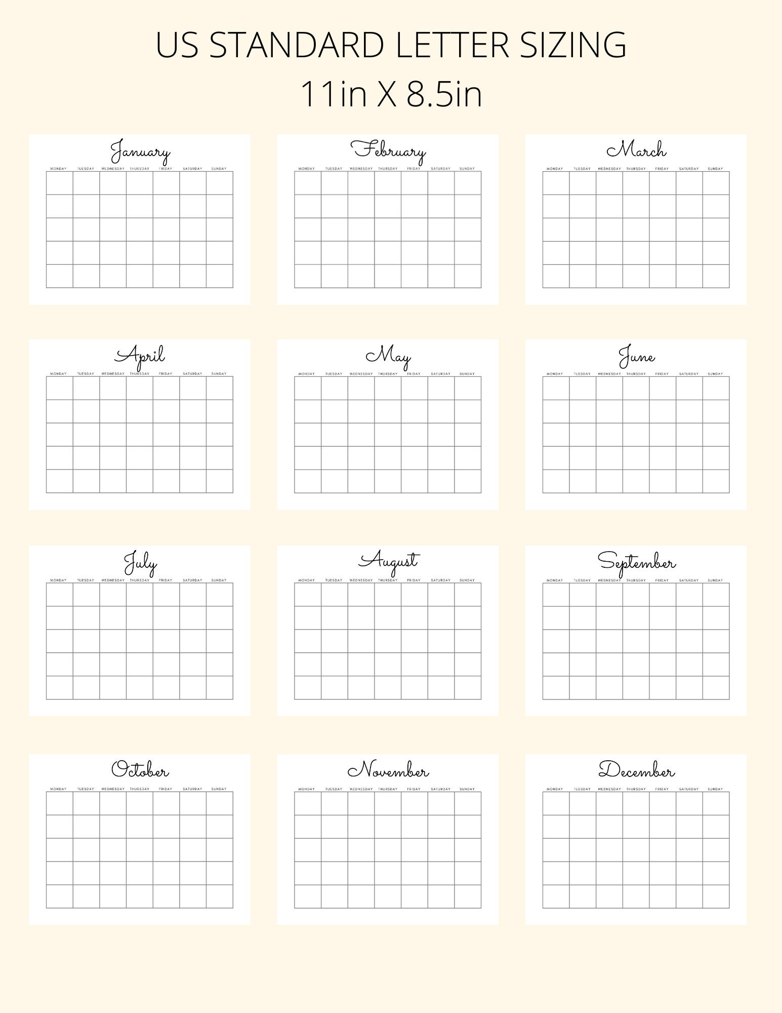 Blank Yearly Calendar Printable, PDF Printable, Digital Download ...