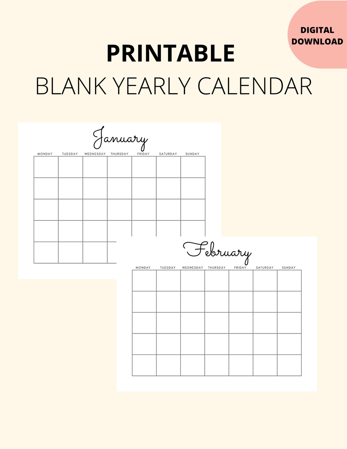 Blank Yearly Calendar Printable, PDF Printable, Digital Download ...
