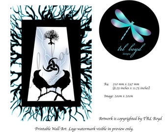 May include: Black and white printable wall art featuring a tree, two ravens, and a triquetra symbol. The artwork is framed by a black border and a background of black branches. The text "trl boyd designs" is visible in the lower right corner.