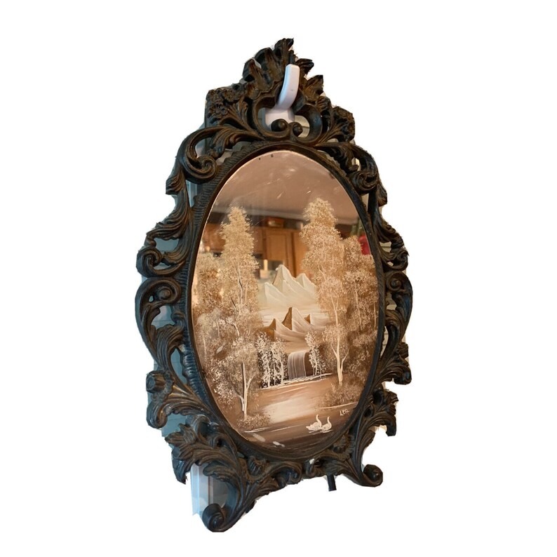 UNIQUE Vintage Oval Mirror, Original Oil Painting, Signed, Plastic