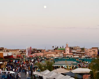 Marrakech Market at Dusk – Jemaa el-Fnaa Skyline View | Morocco Wall Art | Instant Digital Download